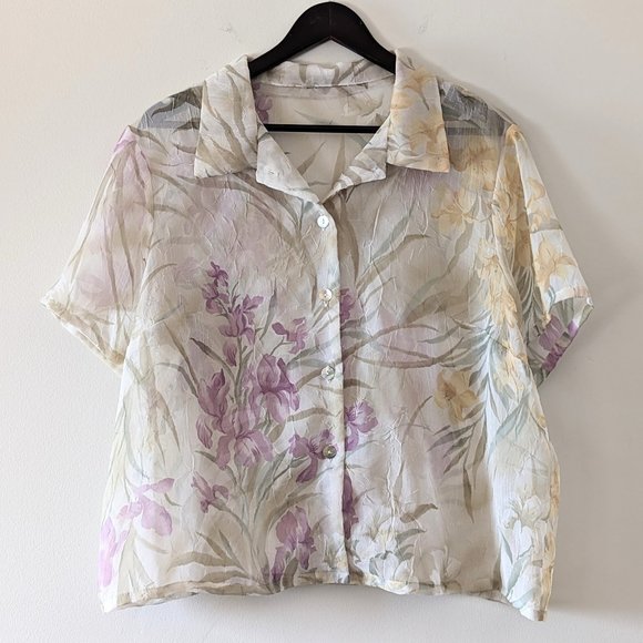 Vintage Tops - VINTAGE Crinkle Floral Blouse | Sheer Floral Top | Abalone | Whimsical | Cottage